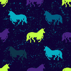 Abstract seamless vector magic pattern for girls, boys, clothes. Creative background with unicorn, Funny wallpaper for textile and fabric. Fashion style. Colorful bright