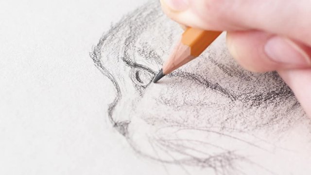 Sketch in a notebook: a hand with a pencil draws a cat's muzzle in profile . The concept of sketching, teaching drawing. Close-up drawing. 