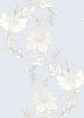 Fantasy flowers in retro, vintage, jacobean embroidery style. Seamless pattern, background. Outline hand drawing vector illustration. In vintage blue and beige colors.