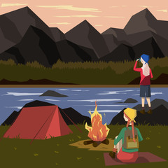 Young girls are resting by the fire. Mountain landscape and a camp by the river. Illustration in a flat style.