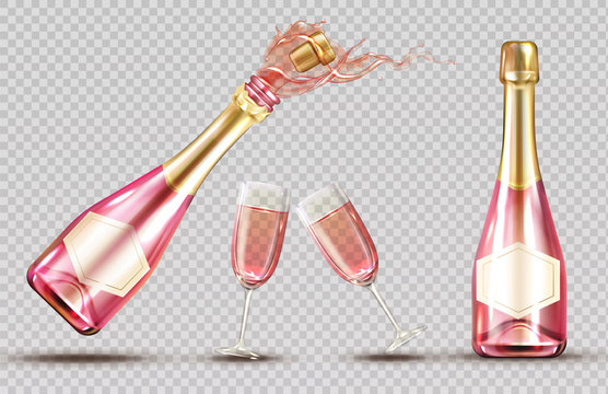 Pink champagne explosion bottle and wineglass set. Closed and open bubbly flasks with glasses, sparkling wine drink mockup isolated on transparent background. Realistic 3d vector illustration, clipart