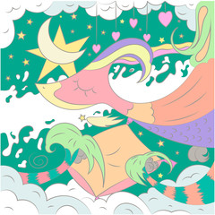 Abstract illustration in delicate color. Fantastic dream starry sky, the Milky Way and the magic bird.