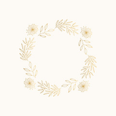 Summer golden wreath with flowers and leaves. Vector isolated illustration.