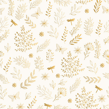 Luxury golden pattern with flowers, leaves, dragonfly and butterfly. 