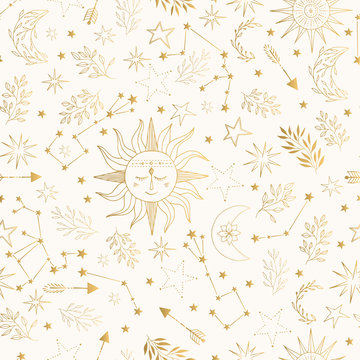 Golden mystic pattern with shooting stars, comets, cute sun and moon. Gold foil constellation and zodiac. Vector illustration.