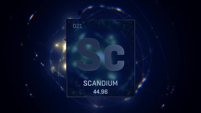 Scandium as Element 21 of the Periodic Table. Seamlessly looping 3D animation on blue illuminated atom design background with orbiting electrons. Design shows name, atomic weight and element number