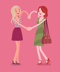 Female friendship hand heart gesture. Happy young girls enjoy fun, companions, close friends in romantic or good relationship, smiling girlfriends together. Vector flat style cartoon illustration