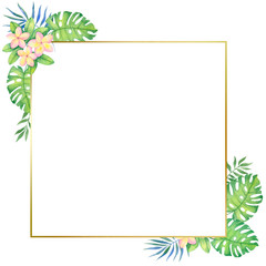 Golden frame with tropical flowers and leaves. Watercolor illustration isolated on white background.