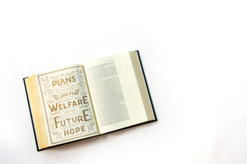 Jeremiah 29:11 open holy bible christian verse quote template mock up isolated background flat lay top view shot