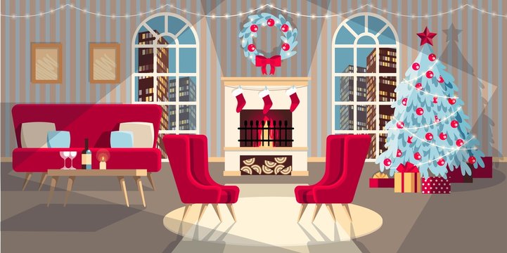 Vector illustration of interior with fire place