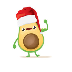 cartoon happy avocado character with red santa claus hat isolated on white background. vector christmas fruit funky character with red cap. Christmas design elements for poster, postcard, banners