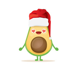 cartoon happy avocado character with red santa claus hat isolated on white background. vector christmas fruit funky character with red cap. Christmas design elements for poster, postcard, banners