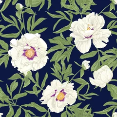 Behang Peony flower. Seamless pattern, background. Colored vector illustration. In botanical style on space blue background.. © Elen  Lane
