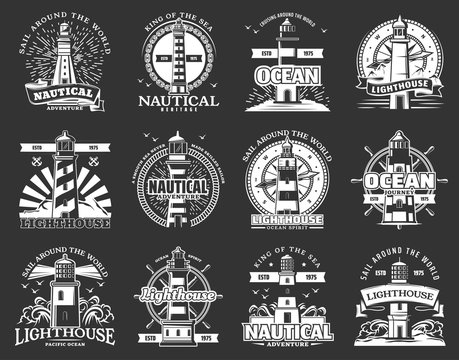 Lighthouseand beacon icons, marine navigation
