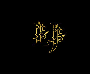 Golden letter L and J, LJ vintage decorative ornament emblem badge, overlapping monogram logo, elegant luxury gold color on black background.