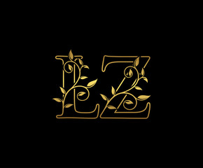 Golden letter L and Z, LZ vintage decorative ornament emblem badge, overlapping monogram logo, elegant luxury gold color on black background.