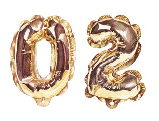 Watercolor golden balloon numerals, 0 and 2 numbers, isolated on white background. Hand drawn realistic illustration.
