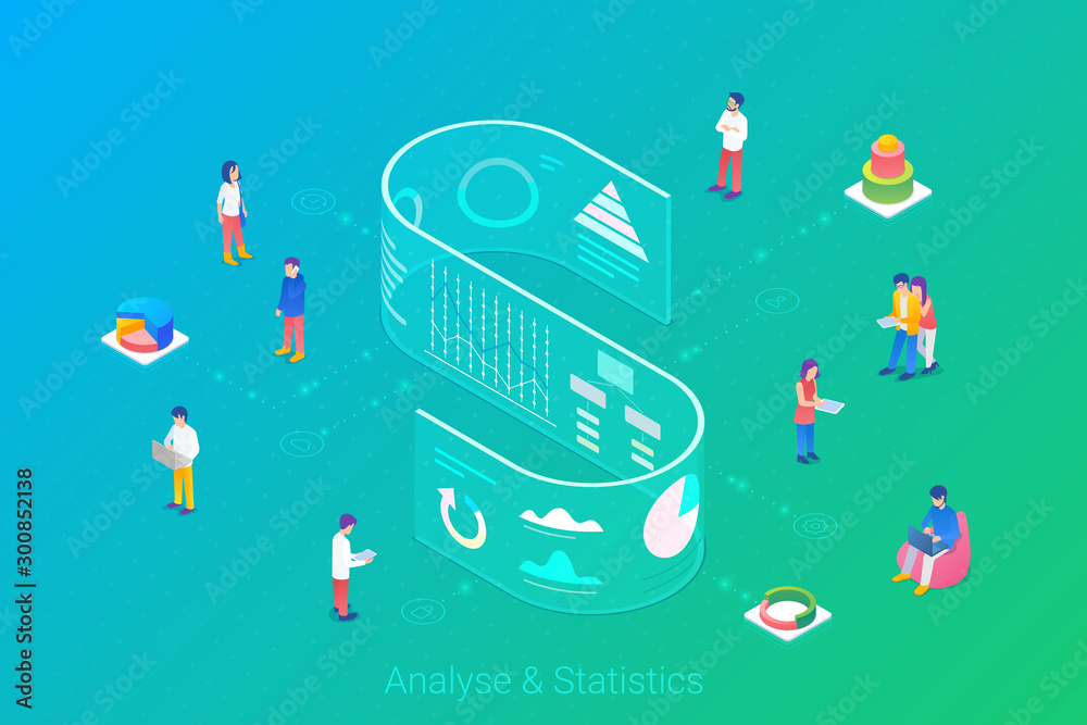 Wall mural analyse statistics big data charts diagrams isometric flat vector illustration. people working with 