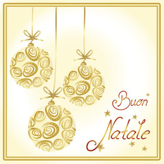 Naklejka premium Drei creamfarbige Christbaumkugeln mit Rosenornamenten und Text Buon Natale in einem goldenen Rahmen.