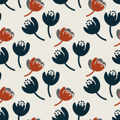 A seamless vector graphic pattern with navy and red tulips on a light background. Surface print design.