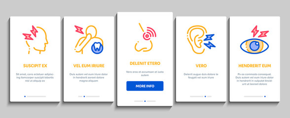 Body Ache Onboarding Mobile App Page Screen Vector Thin Line. Headache And Toothache, Backache And Arthritis, Stomach And Muscle Ache, Eye And Foot Pain Linear Pictograms. Contour Illustrations