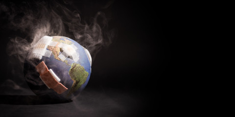 White smoke cover around the globe (World) full of bandages, demonstrating impact of global...