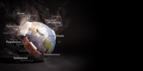 White smoke cover around the globe (world) with bandages, words showing causes of global warming - Fossil Fuels, Deforestation, Livestock Farming, Agriculture, Industrial Revolution, Overconsumption.