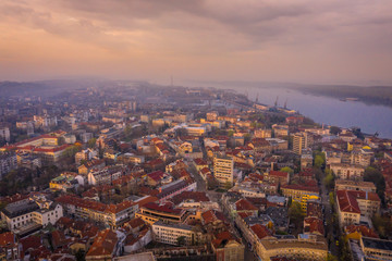 Fototapeta premium Aerial cityscape at sunrise time