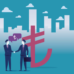 Obraz premium Business concept vector illustration.Business people shaking hands. concept of investment in turkish money .Development arrows