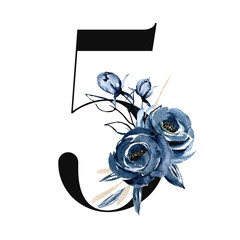 Number 5 with watercolor navy blue flowers roses hand painting. Perfectly for anniversary, wedding invitation, greeting card, logo, poster and other floral design. Isolated on white background. 