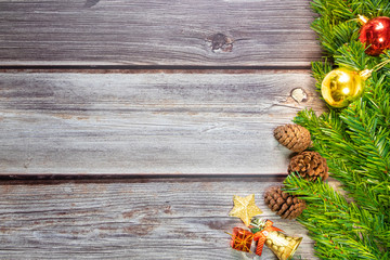 Christmas fir tree, festive. Composition decorations, xmas on wooden background. Celebration for holiday concept Christmas, New Year, winter. Flat lay, top view with copy space for text.