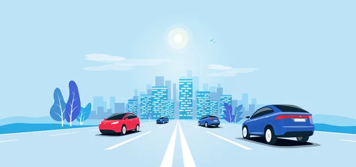 Peel and stick wall murals Cartoon cars Traffic on the highway panoramic perspective horizon vanishing point view. Flat vector cartoon style illustration urban landscape motorway with cars, skyline city buildings and road going to the city.