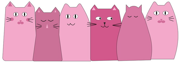 Pink  cats cartoons with funny faces.  Computer designed illustration.