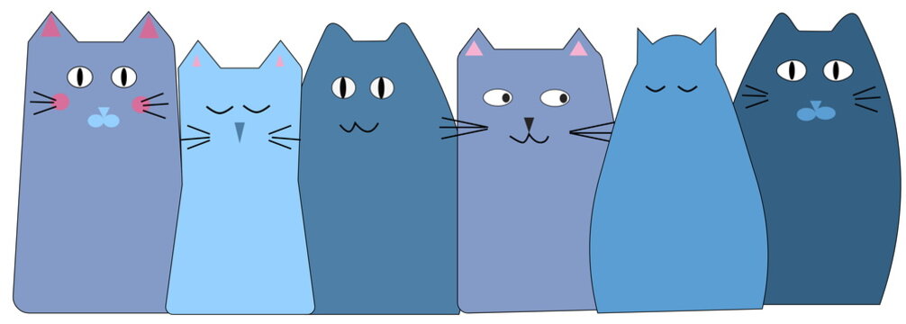 Blue cats cartoons with funny faces.  Computer designed illustration.