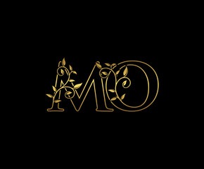 Golden letter M and O, MO vintage decorative ornament emblem badge, overlapping monogram logo, elegant luxury gold color on black background.