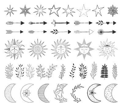 Set of hand drawn arrow, star, sun, moon, herb and leaf. Vector isolated illustration. Tattoo design elements.