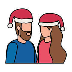 young lovers couple with christmas hat characters