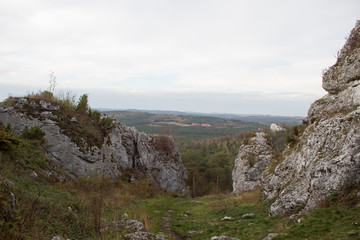 Jurassic Krakow-Czestochowa Upland. Rocky limestone massif mountain landscape on a sunny day.