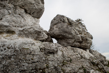 Jurassic Krakow-Czestochowa Upland. Rocky limestone massif mountain landscape on a sunny day.