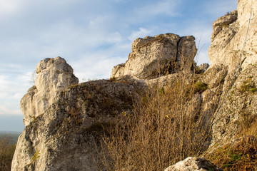Jurassic Krakow-Czestochowa Upland. Rocky limestone massif mountain landscape on a sunny day.