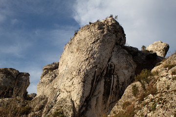 Jurassic Krakow-Czestochowa Upland. Rocky limestone massif mountain landscape on a sunny day.