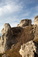 Vertical mountain landscape of limestone cliffs against a blue sky. The Zborow Massif in Central Poland on the Krakow-Czestochowa Upland