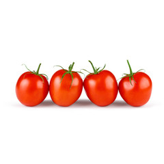 Whole red four tomatoes with green branch isolated on white background side view. Healthy organic vitamin plant tomato exhibited in one line close up photo