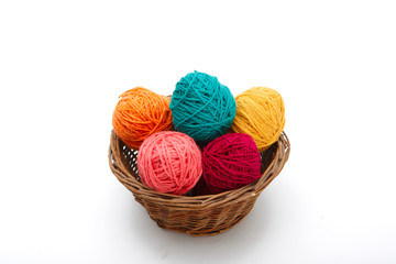 Colorful decorated easter eggs from wool yarn. Happy Easter.