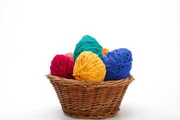 Colorful decorated easter eggs from wool yarn. Happy Easter.