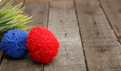 Colorful decorated easter eggs from wool yarn. Happy Easter.