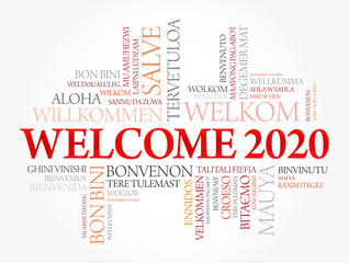 WELCOME 2020 word cloud in different languages, conceptual background
