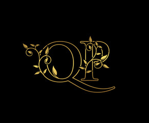 Gold letter Q and P, QP vintage decorative ornament emblem badge, overlapping monogram logo, elegant luxury gold color on black background.