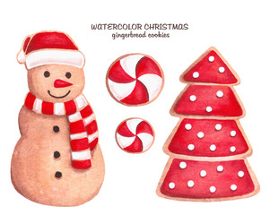Gingerbread snowman and Christmas trees. Set of gingerbread cookies. Watercolor Christmas and new year illustration. Holiday cookies.