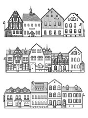 Set of old city street sketch. European cityscape with building facades. Vector illustration of city buildings in hand drawn style. Isolated on white background. Picture for decoration and coloring